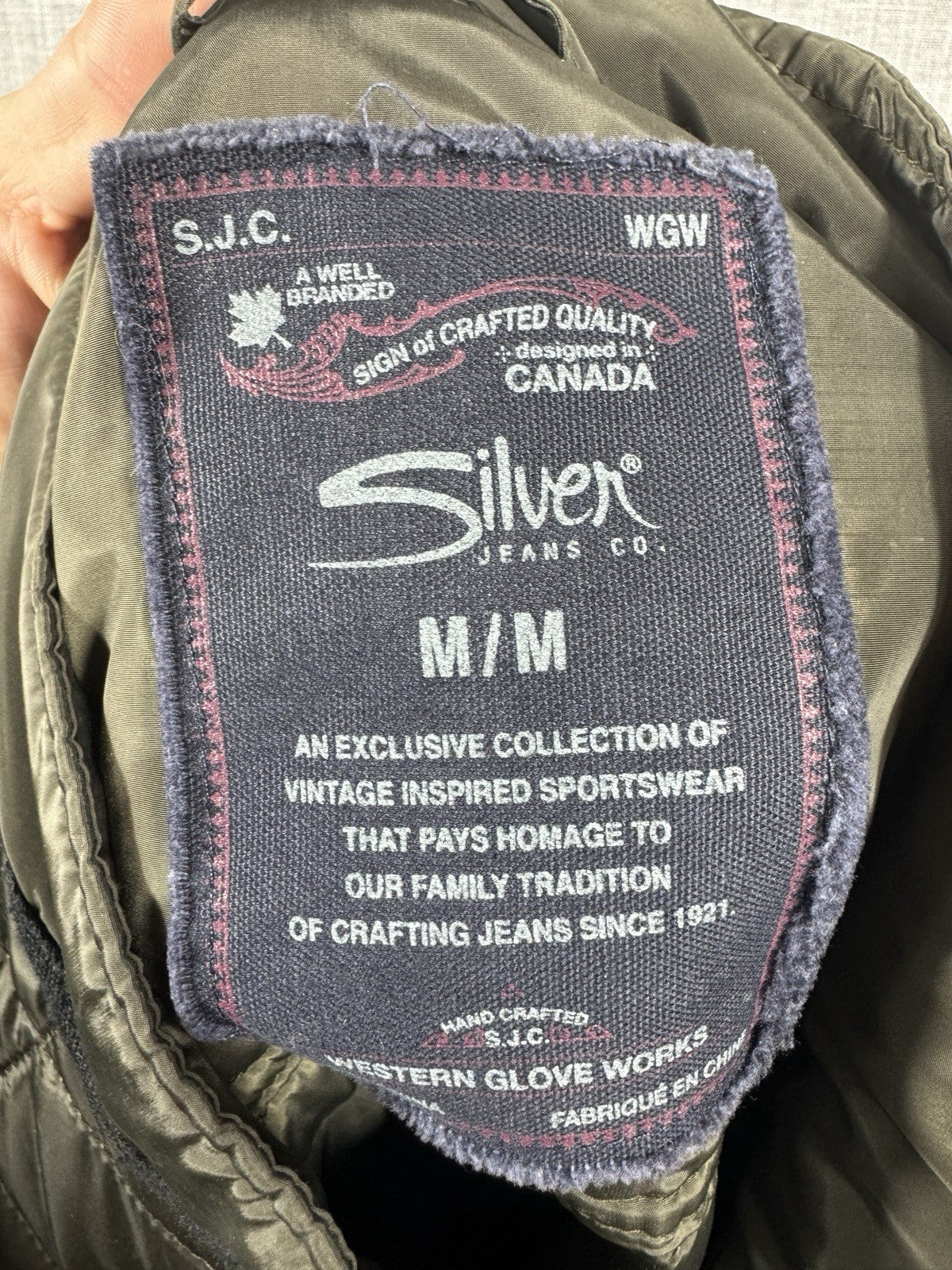 Silver jeans mens Jacket Coat Quilted Elbow Patches Olive Green Rare Size M