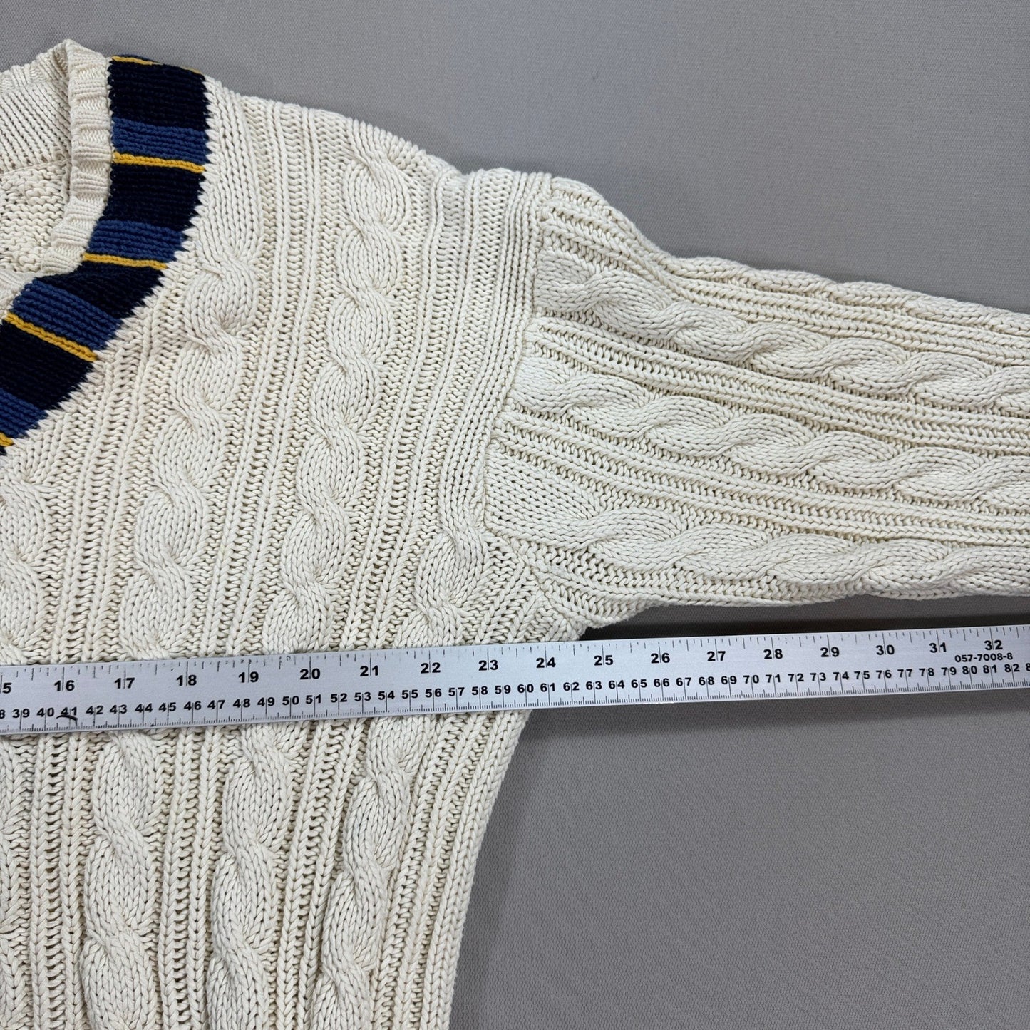 VTG Polo Ralph Lauren Cable Knit Cricket Sweater Cream Blue Yellow Trim mens XL