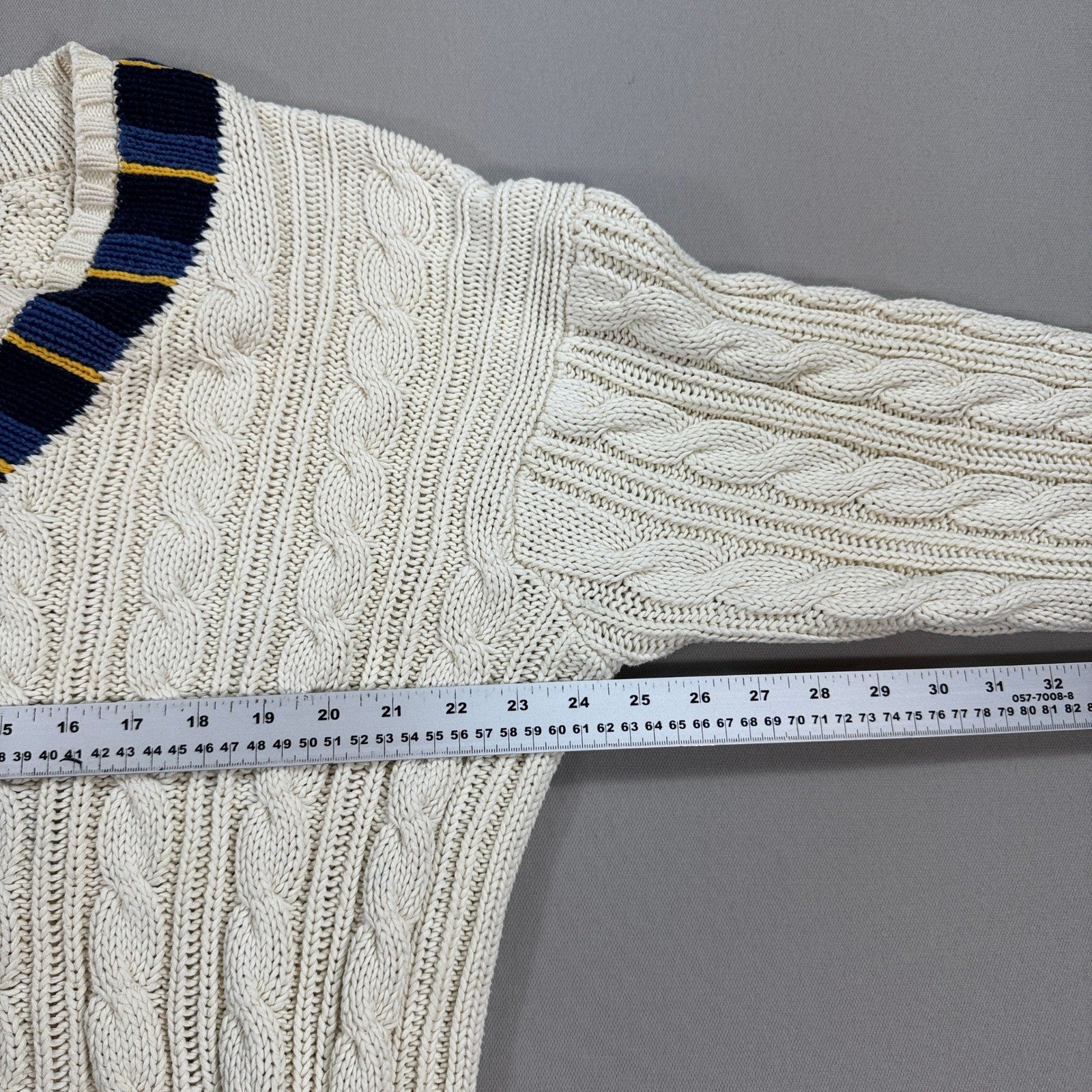 VTG Polo Ralph Lauren Cable Knit Cricket Sweater Cream Blue Yellow Trim mens XL
