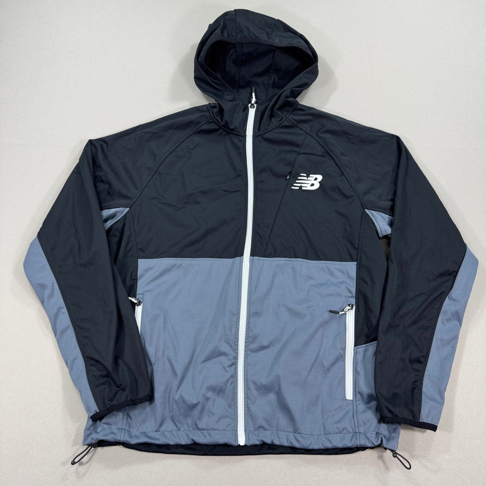 New Balance Windbreaker Jacket mens Large Black Blue Full Zip Mesh Lined Hooded