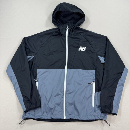 New Balance Windbreaker Jacket mens Large Black Blue Full Zip Mesh Lined Hooded