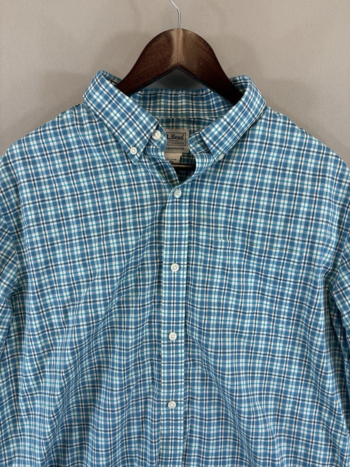 LL Bean Kennebunk Sport Shirt Mens Large Check Button Down Wrinkle Free