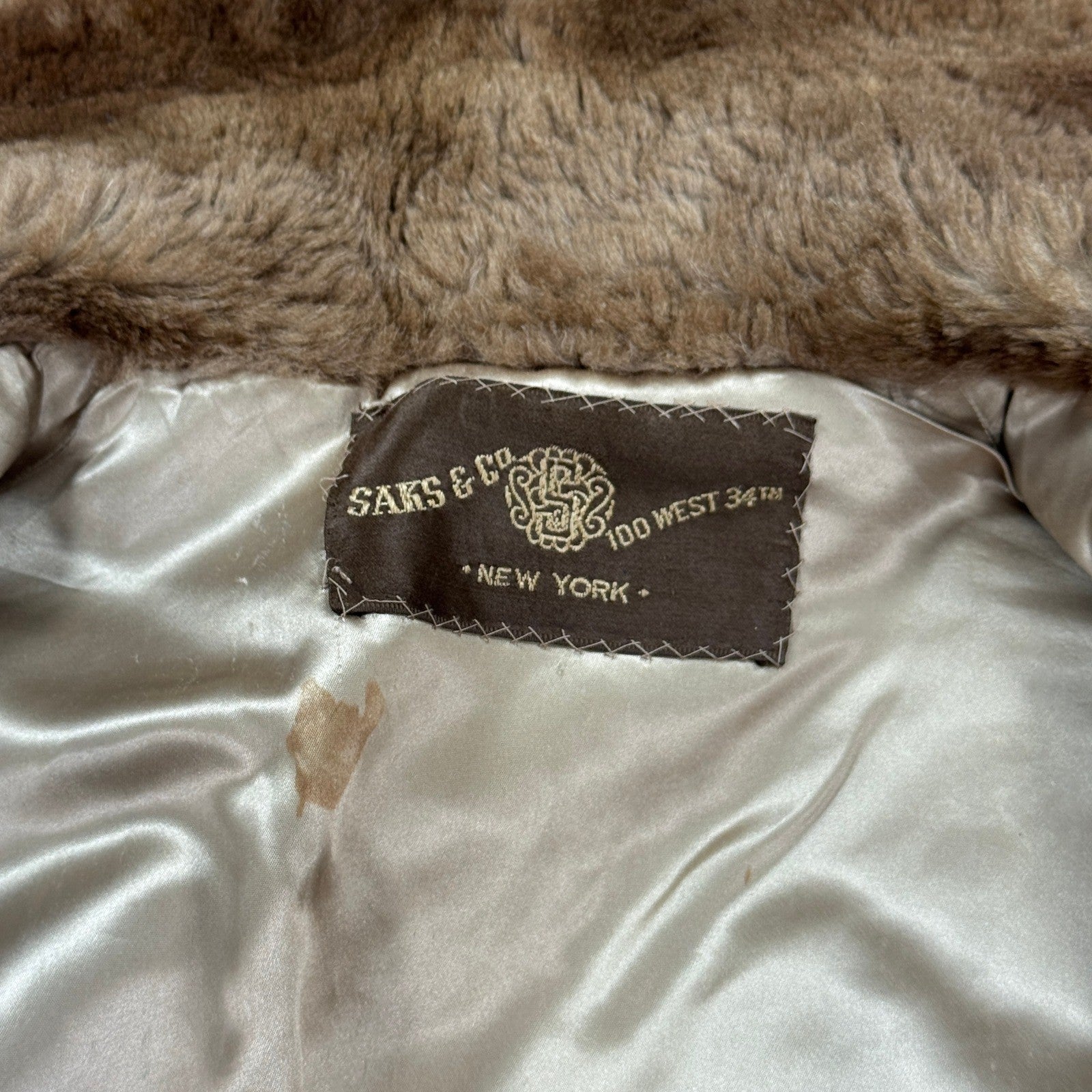 Vintage Saks & Co Fur Coat Womens XL Brown Collared Full Length Lined