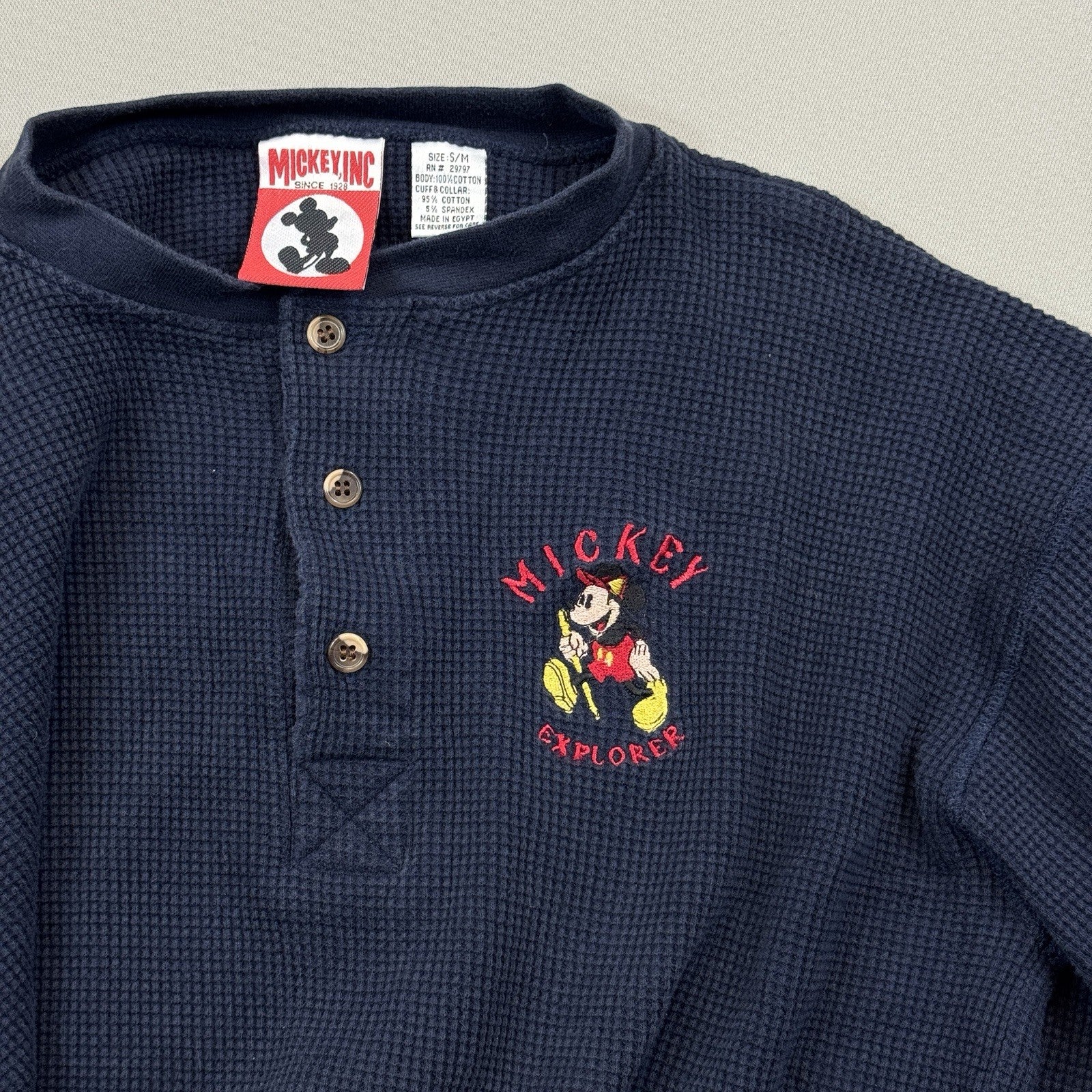 Vintage 90s Disney mens S/M Blue Polo Shirt Mickey Explorer Henley Pullover