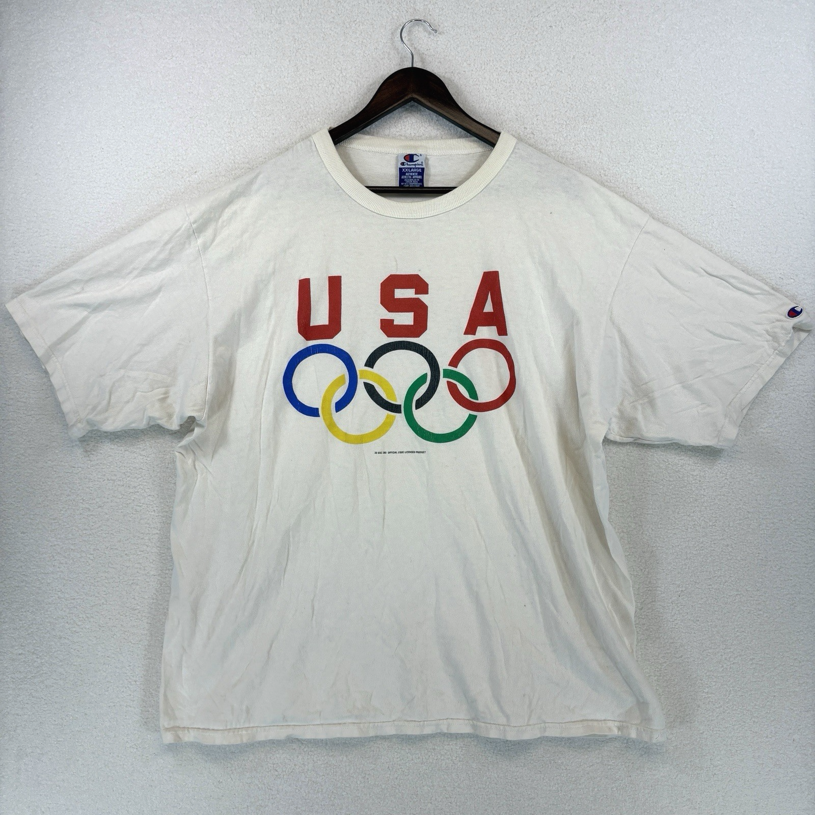 Vintage Champion USA Olympics White Shirt Men 2XL White 90s Olympic Rings