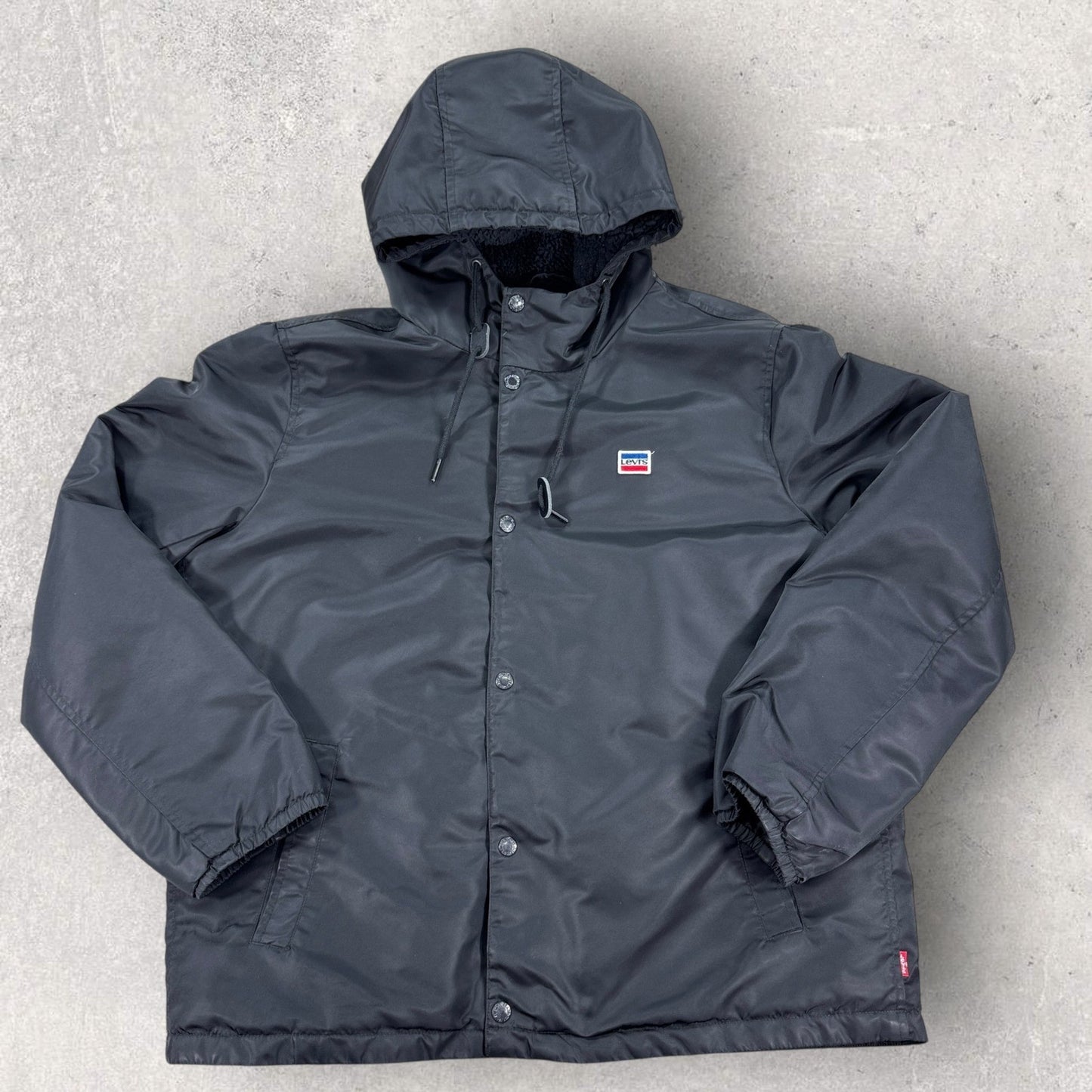 Levi's Sherpa Lined Coaches Jacket Mens Large Black Hooded Button Down Winter