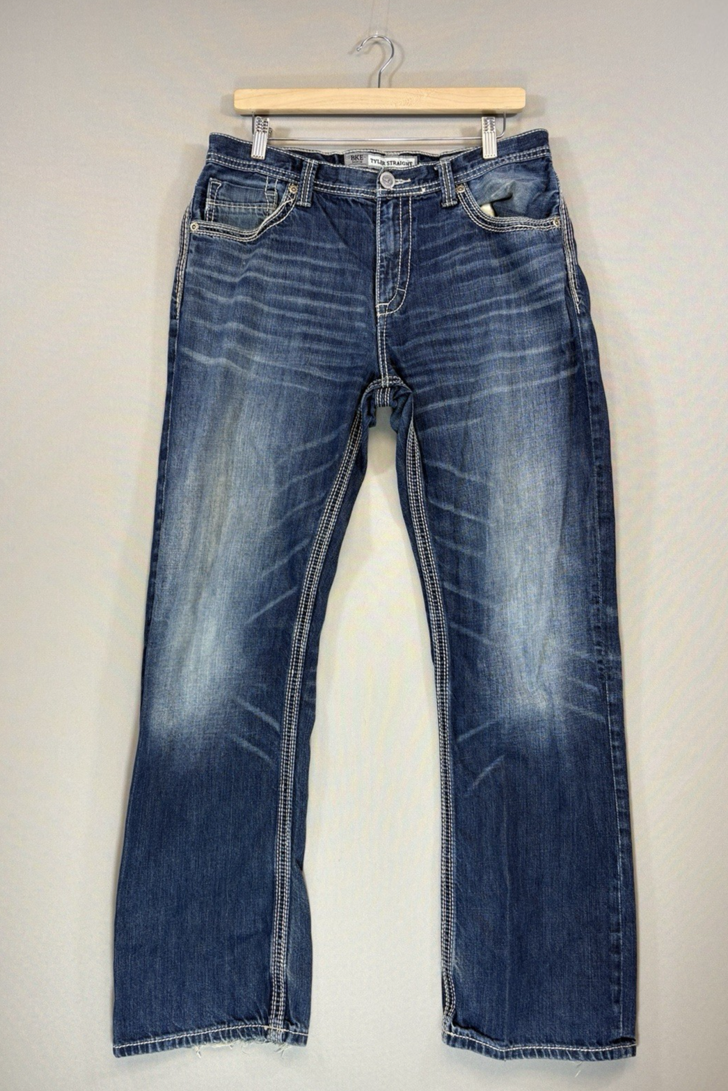 BKE Denim Tyler Straight Blue Jeans mens 33R Distressed Dark Wash Stretch