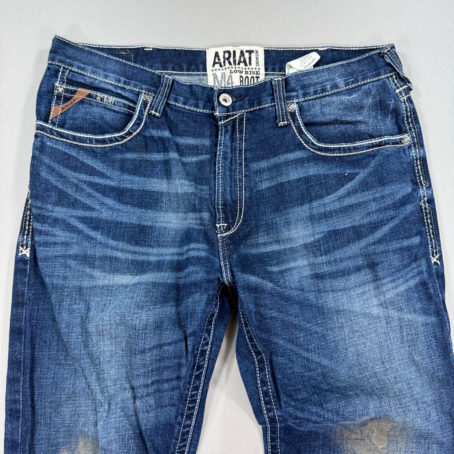 Ariat M4 Jeans Low Rise Bootcut Mens 38x32 Turnout Denim Blue Distressed Stretch