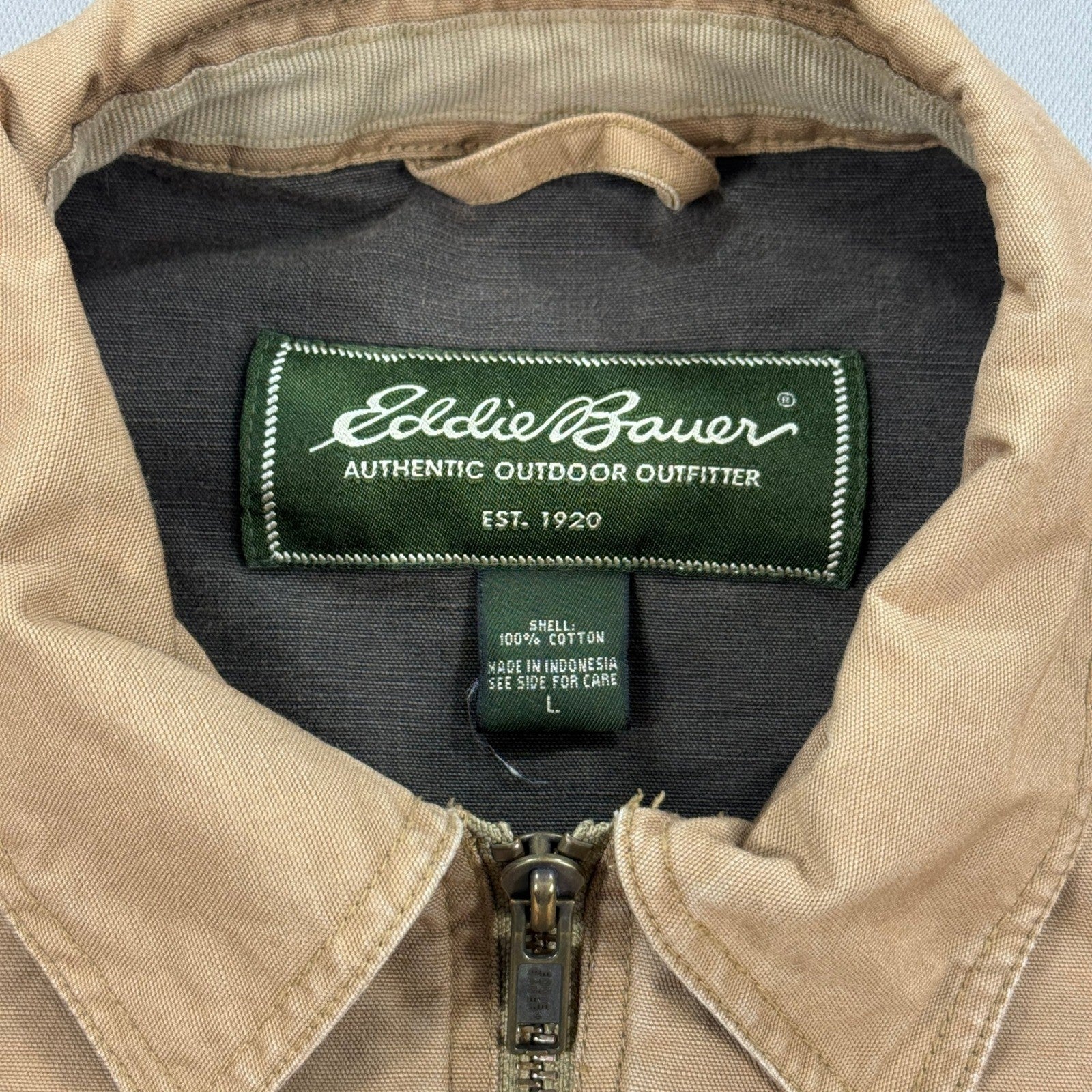 Eddie Bauer Canvas Work Jacket mens Large Brown Zip Up Barn Field Coat Workwear
