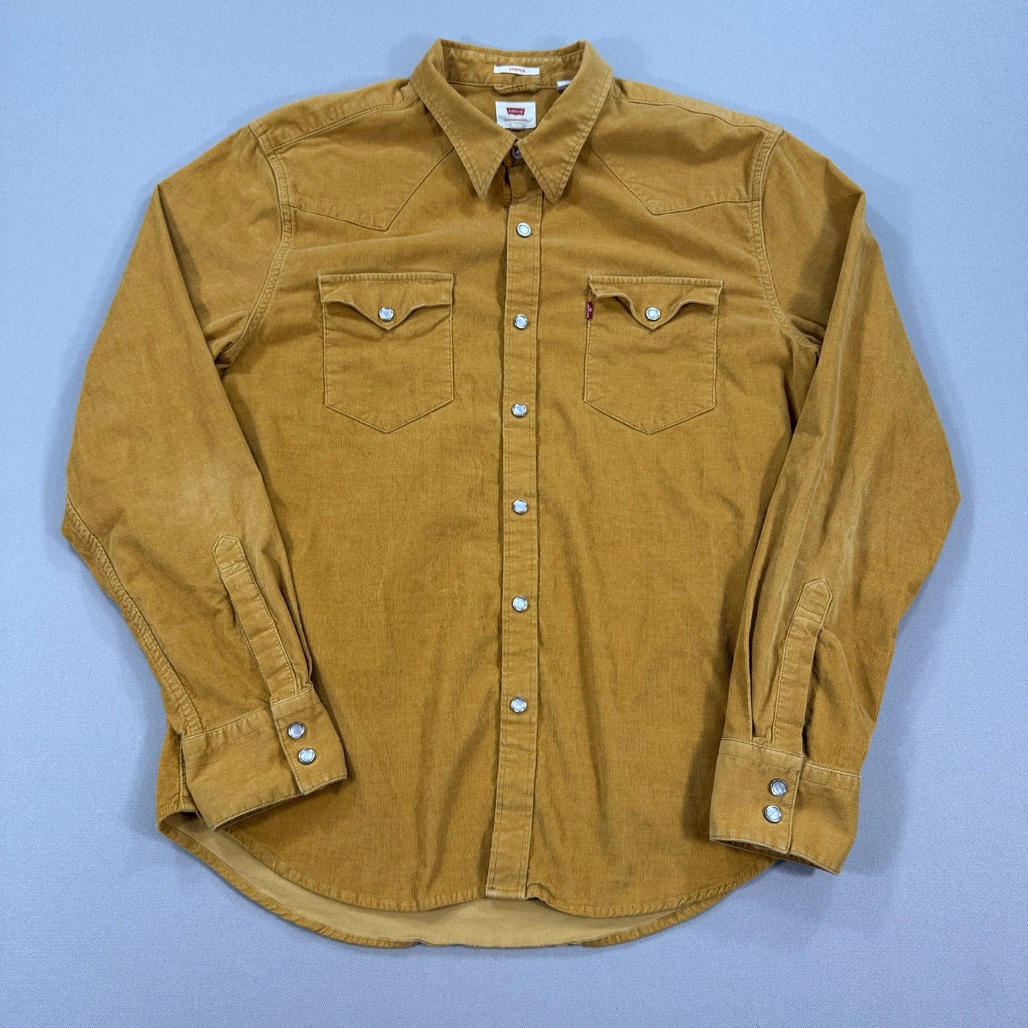Levi's Corduroy Shirt Pearl Snap Button Up mens Large Brown Stretch Red Tab
