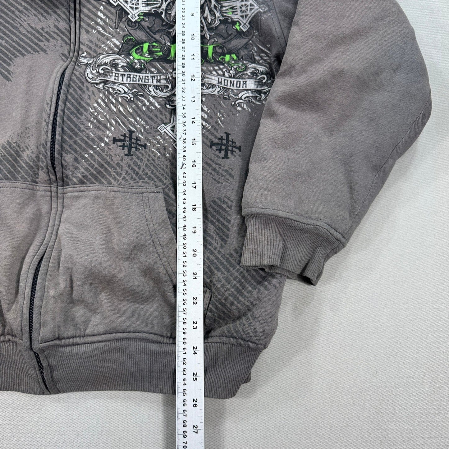 Vintage MMA Elite Hoodie Jacket Sherpa Lined Zip Up mens Large Cross Print Y2K