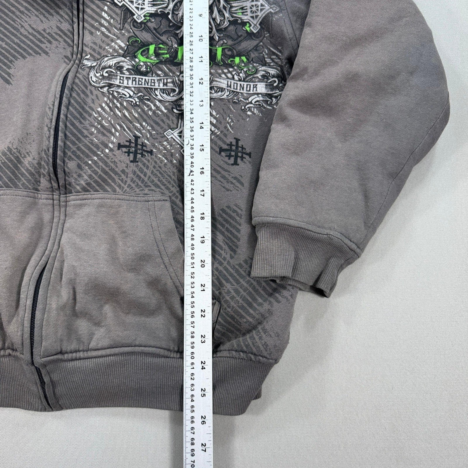 Vintage MMA Elite Hoodie Jacket Sherpa Lined Zip Up mens Large Cross Print Y2K