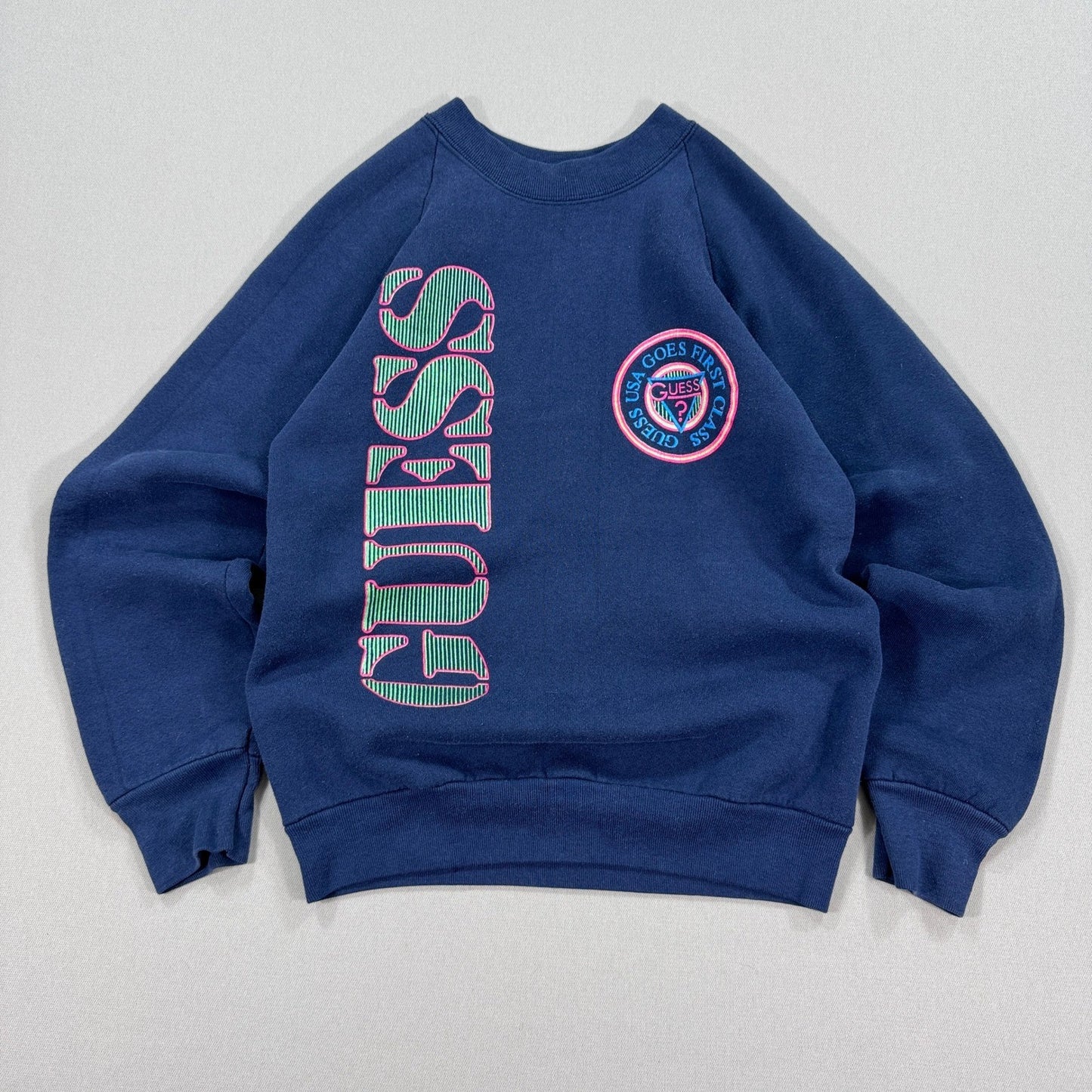 Vintage 90's Guess Mens Small Sweatshirt Blue Graphic USA Made Single Stitch