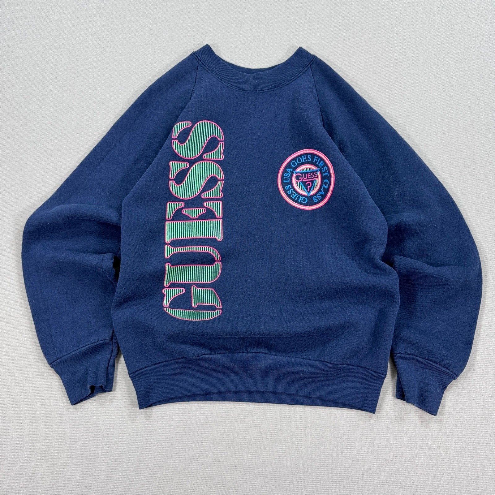 Vintage 90's Guess Mens Small Sweatshirt Blue Graphic USA Made Single Stitch