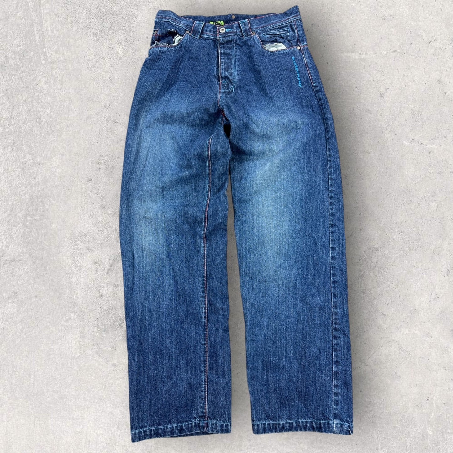 Vintage Drunk Munky Denim Jeans Mens Size 32 Embroidered Wide Leg Y2K