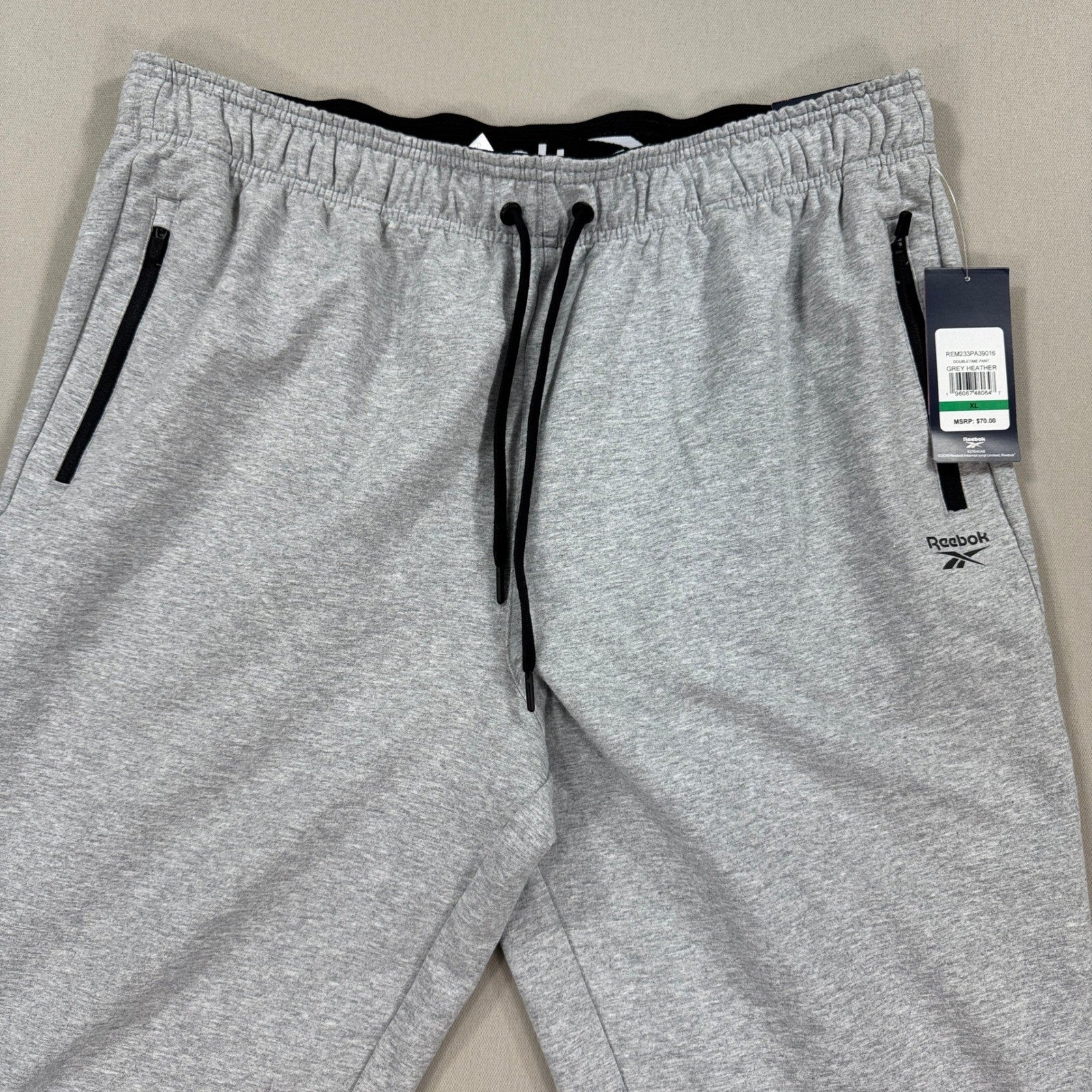 NWT Reebok Doubletime Pants mens XL Heather Gray Zip Pocket Slim Fit Drawstring