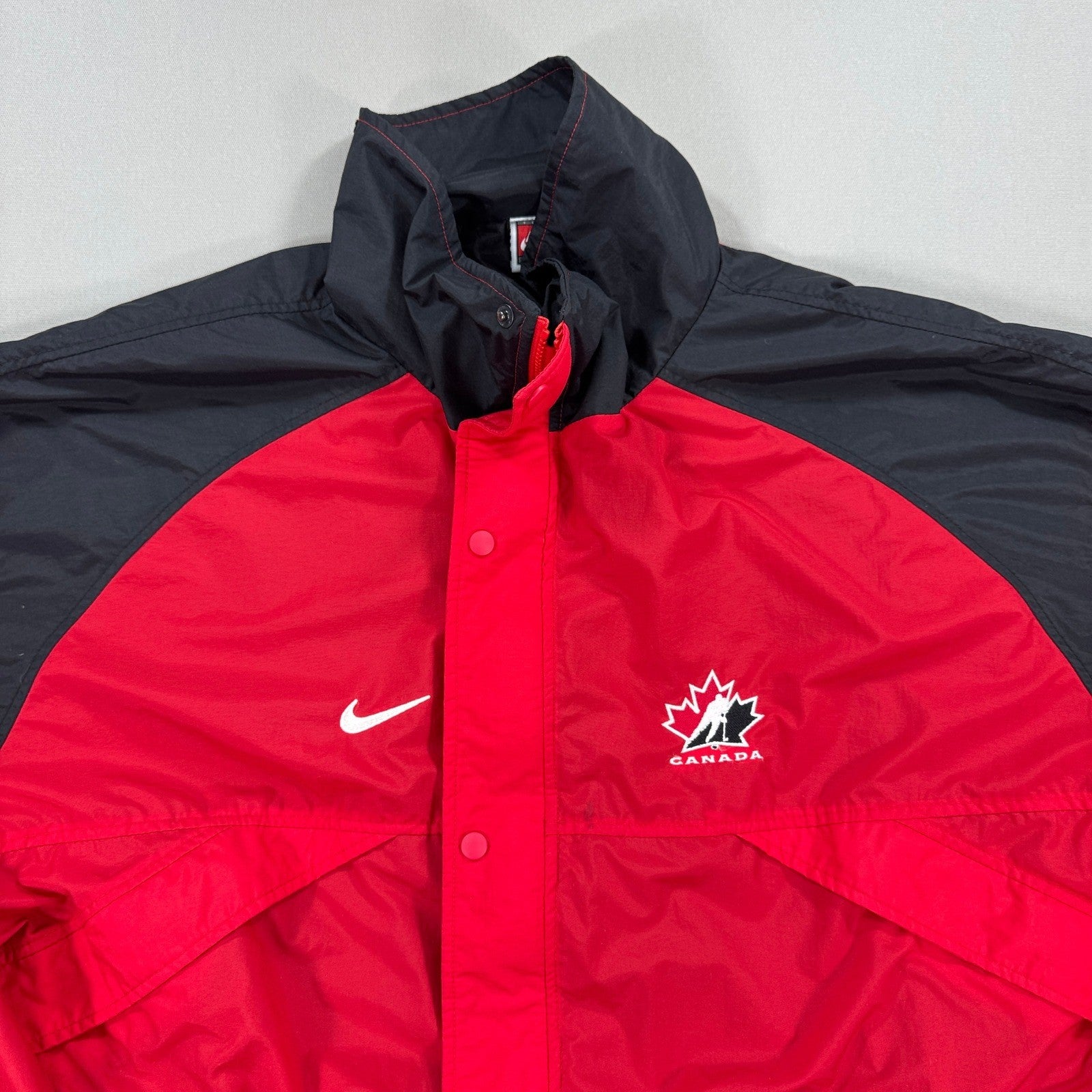 VTG Nike Canada Olympic Team Windbreaker Jacket Mens 2XL Red Black Full Zip Snap