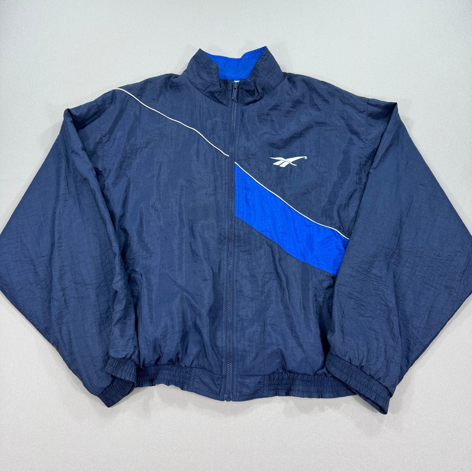 Vintage 90s Reebok Track Jacket mens Large Blue Full Zip Windbreaker Nylon