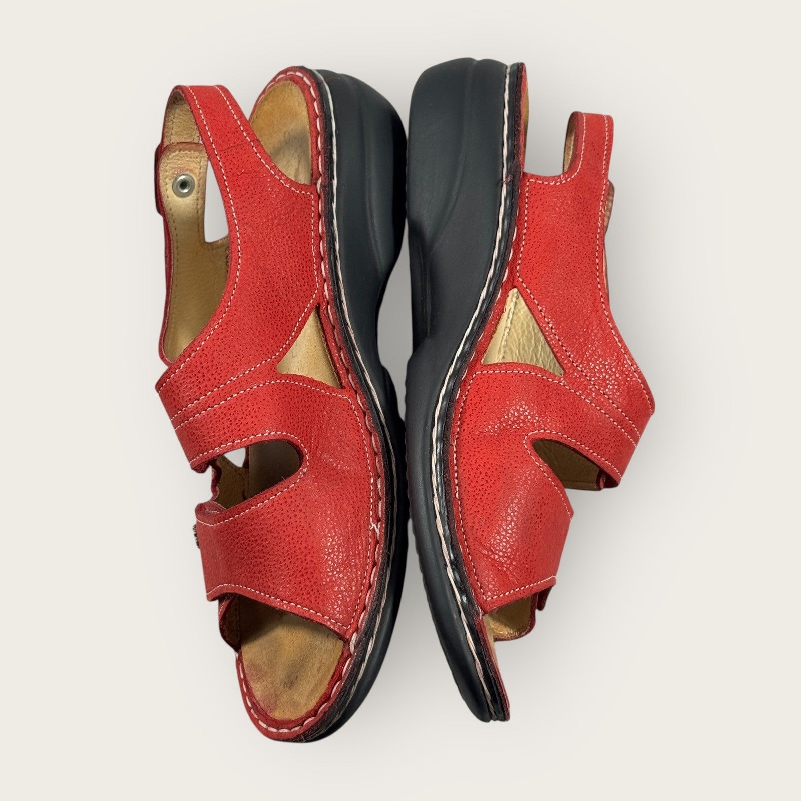 Finn Comfort Sandals Leather Womens Size 37 Red Hook & Loop Straps