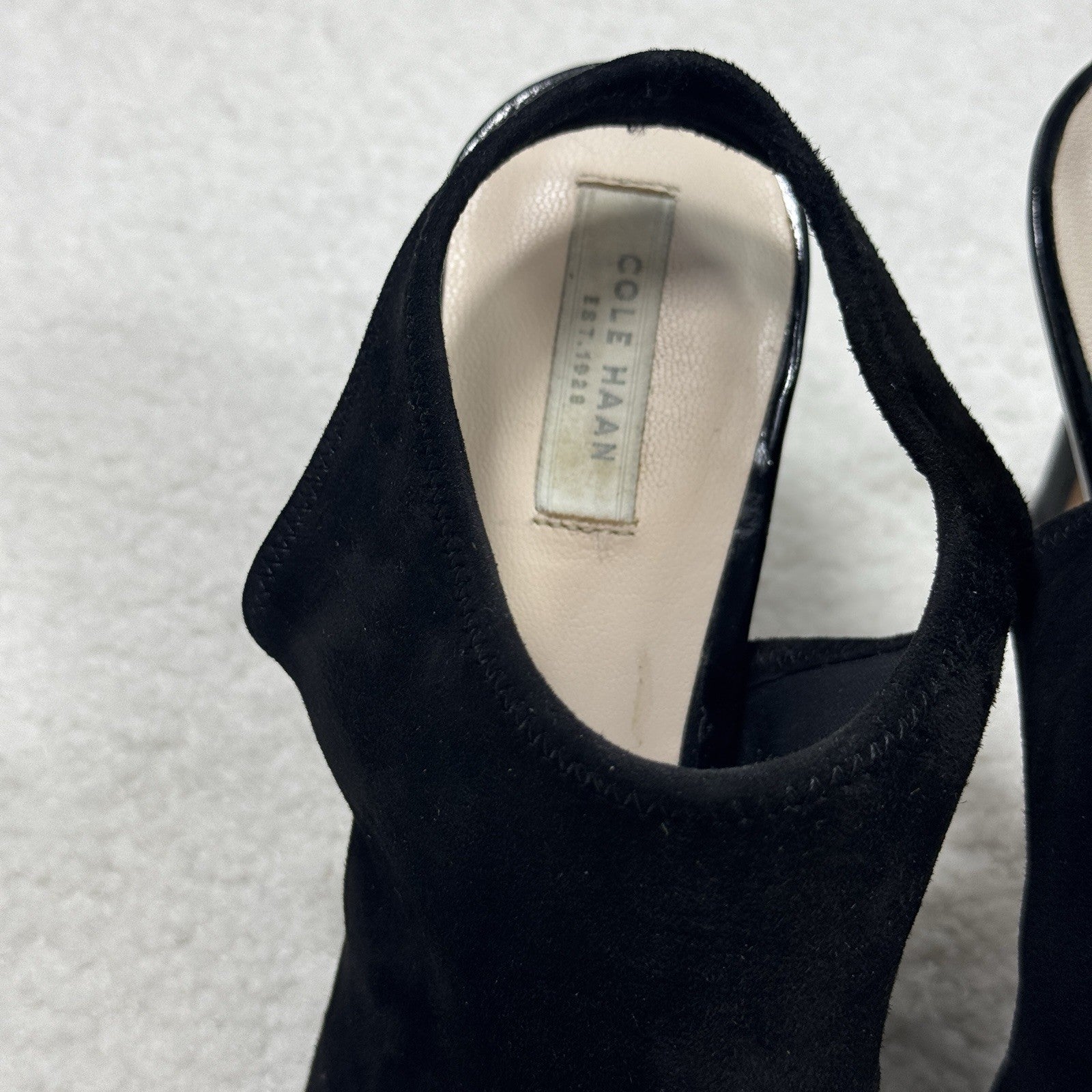 Cole Haan Nene Heels Womens Sz 7.5 Black Suede Peep Toe Sandal Shoes Sling Back