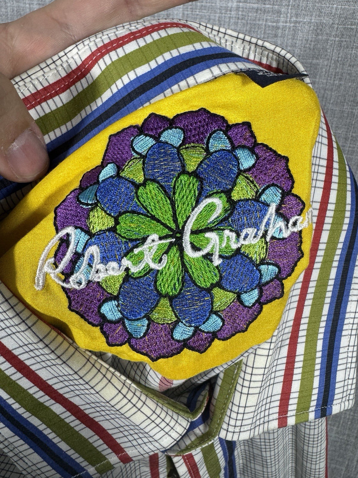 Robert Graham Men Striped Flip Cuff  Green Blue Dress Shirt Size Large 42 16.5