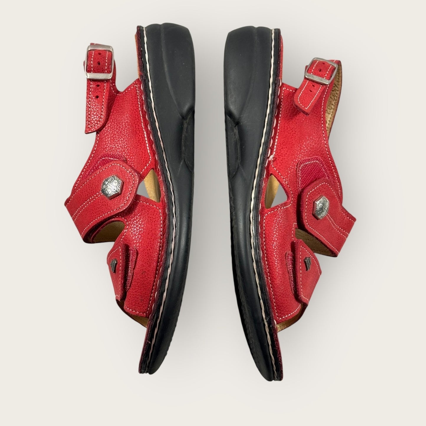Finn Comfort Sandals Leather Womens Size 37 Red Hook & Loop Straps