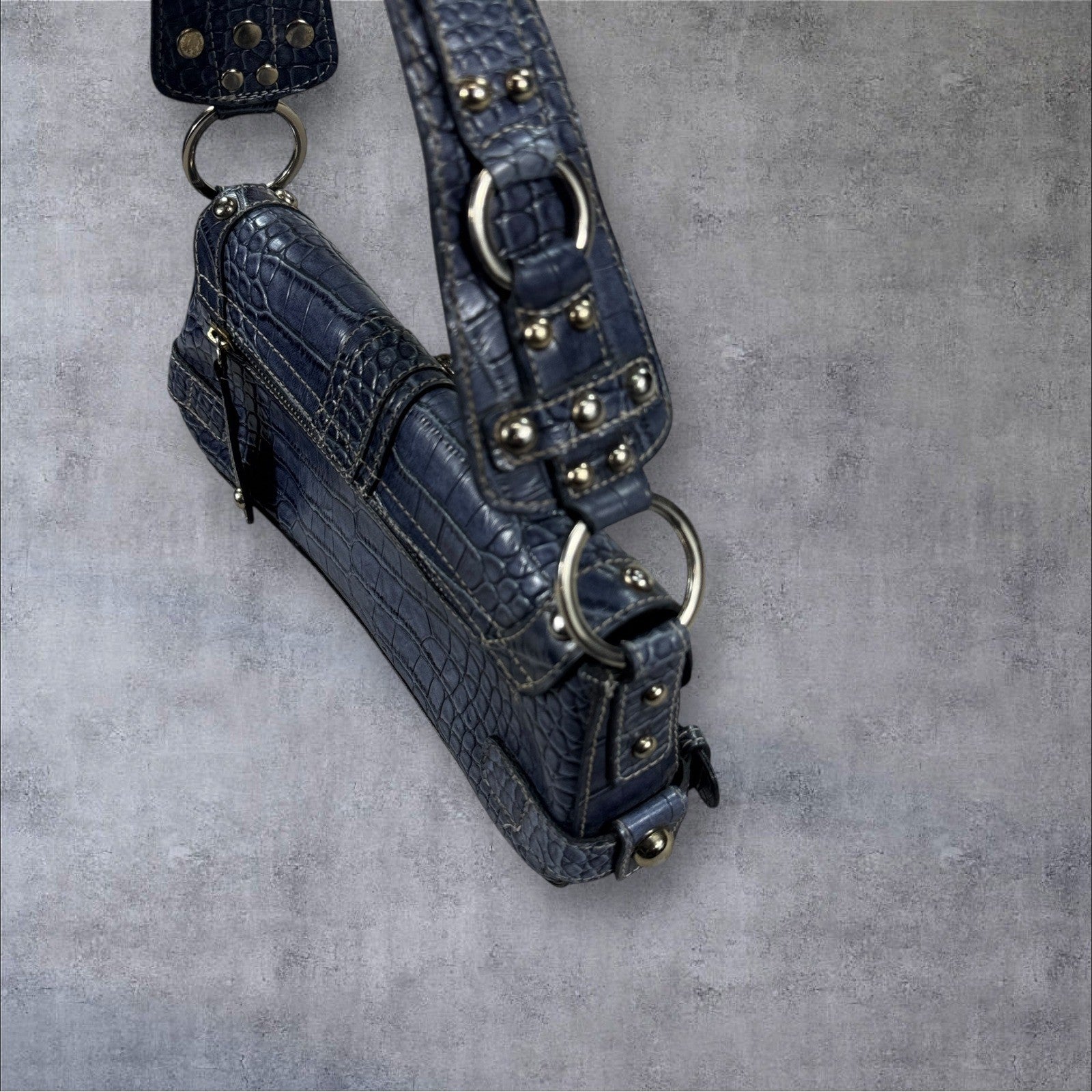 Guess Baguette Shoulder Bag Blue Croc Embossed Stud Detail Large Logo