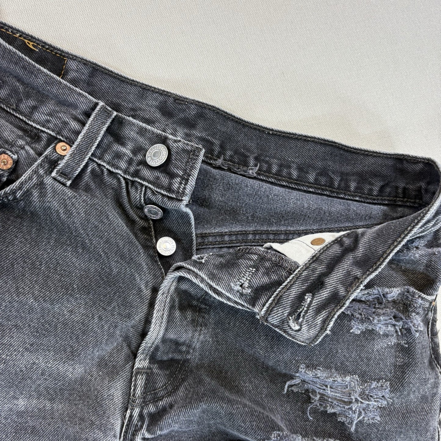 Vintage Petros Levis 501 Denim Shorts Black Distressed Womens 31x32 Made In USA