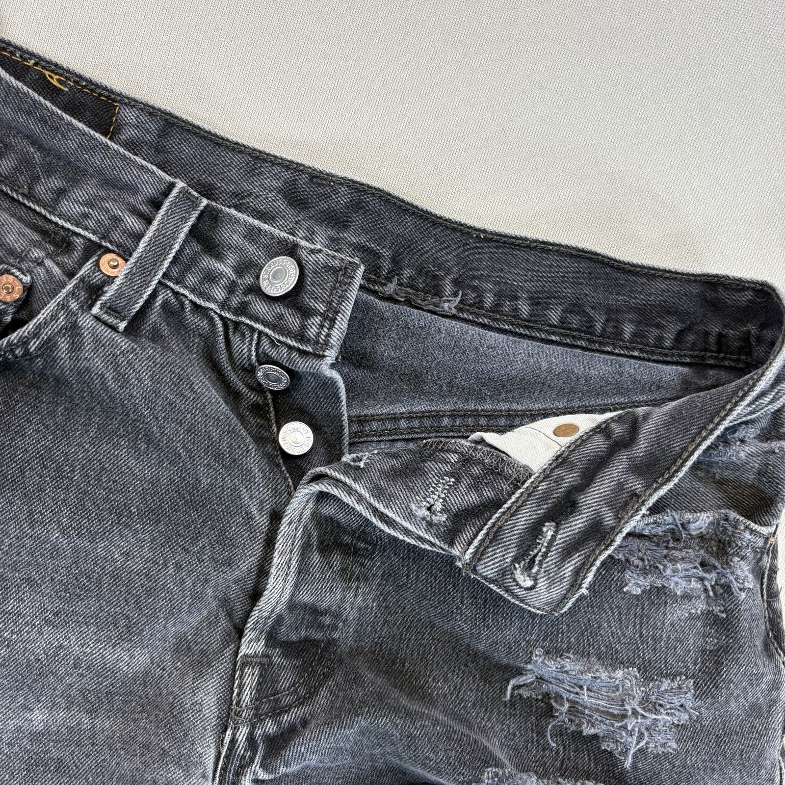 Vintage Petros Levis 501 Denim Shorts Black Distressed Womens 31x32 Made In USA