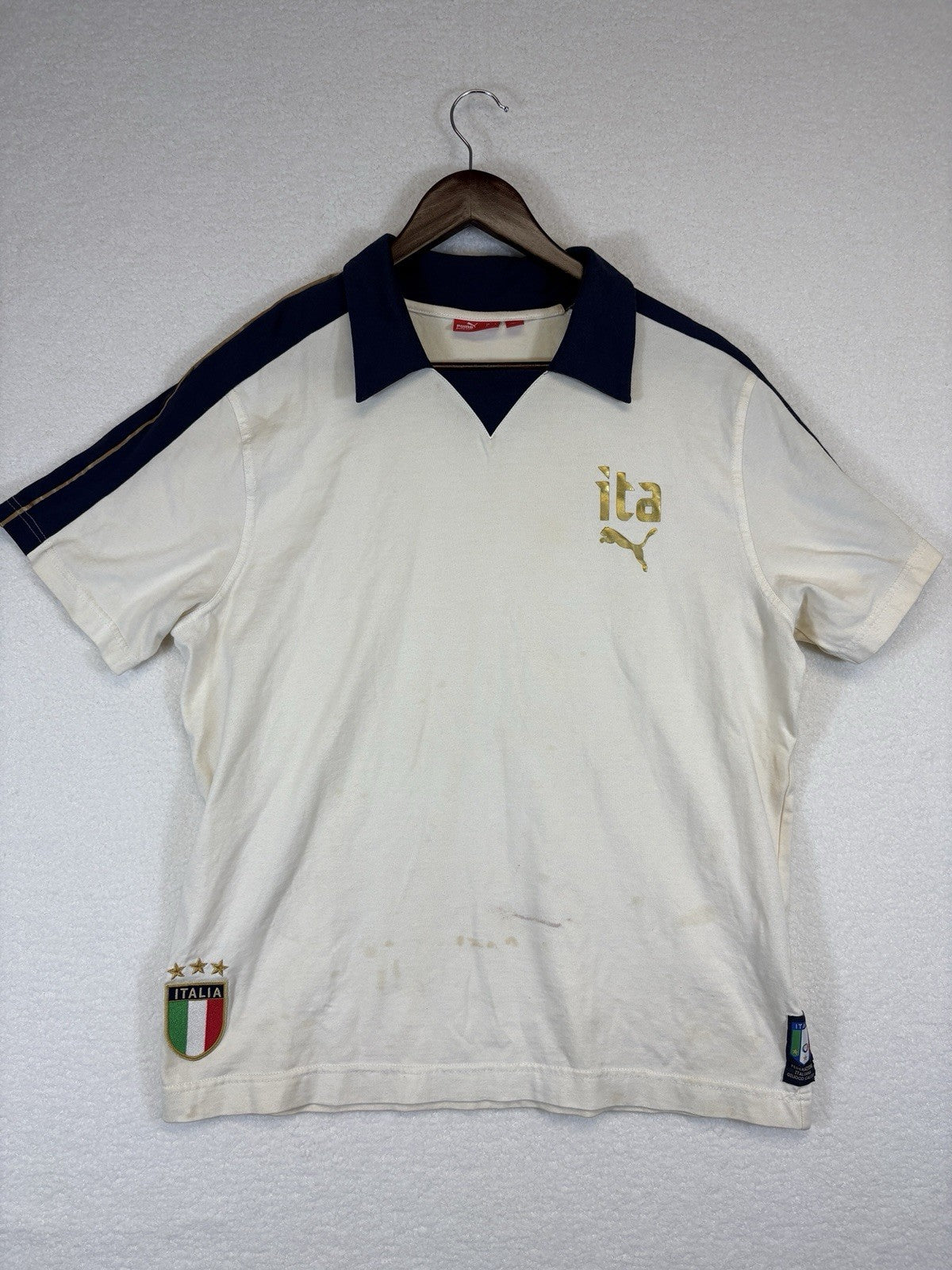 Puma Italia White Polo Shirt Mens Large Gold Lettering
