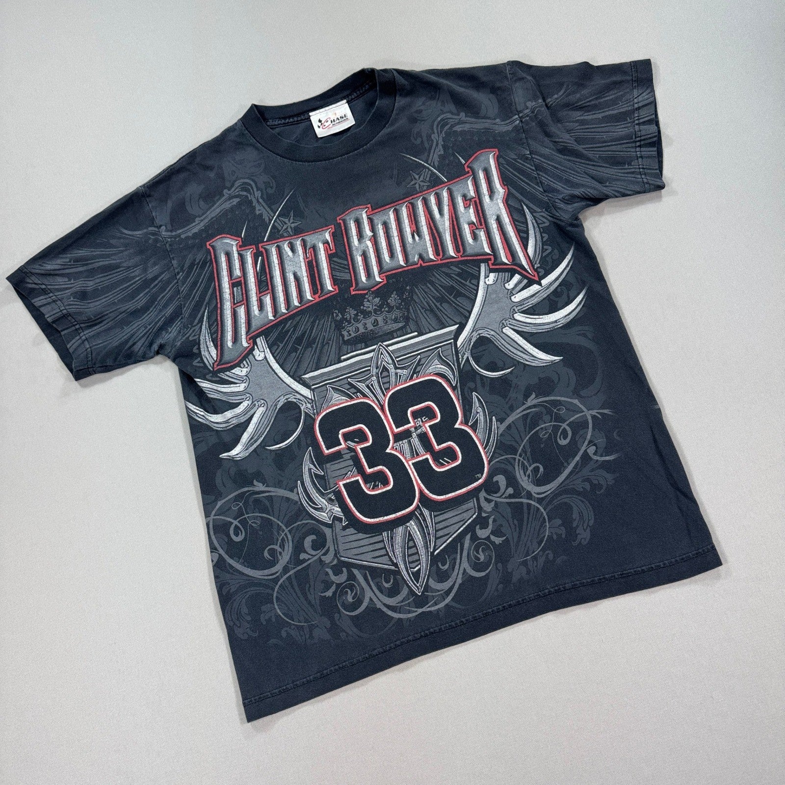 Vintage Clint Bowyer Cheerios NASCAR All Over Print T Shirt Mens Large Black #33