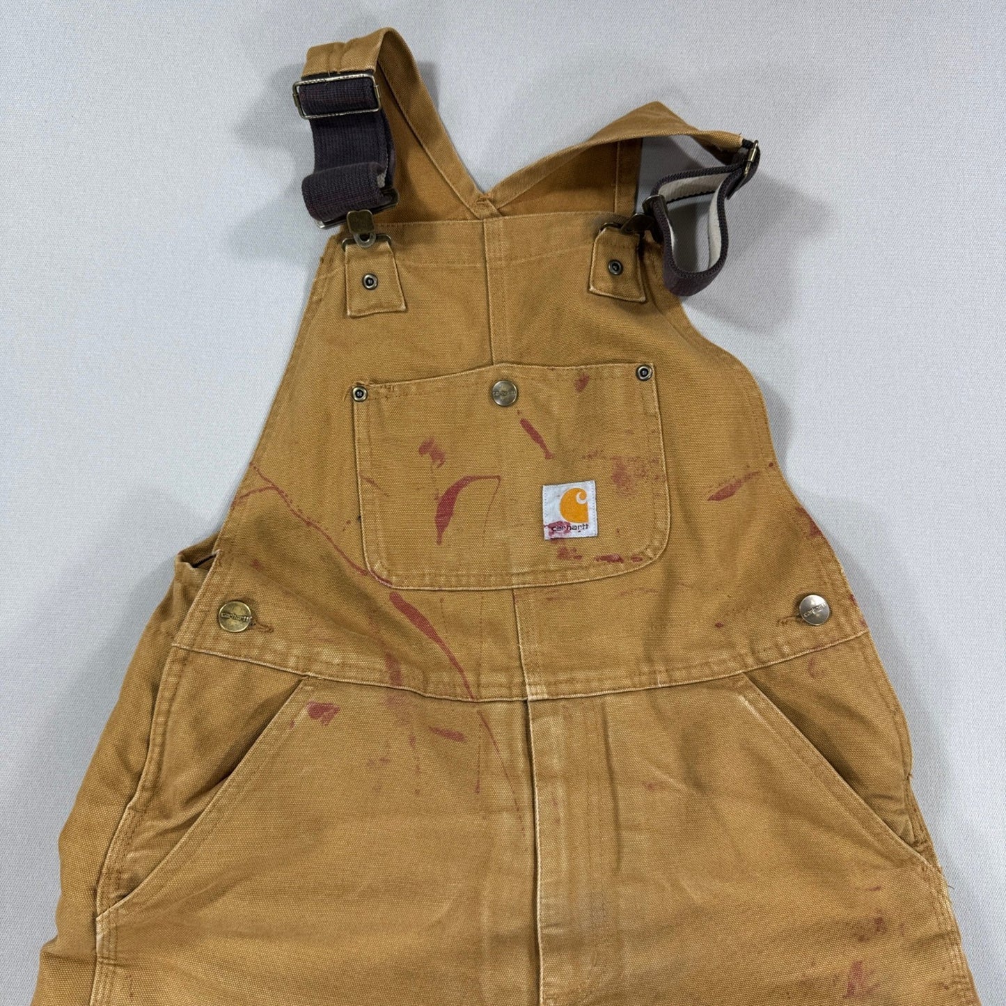 Vintage Carhartt Bib Overalls Double Knee Insulated Youth 12 Brown Distressed