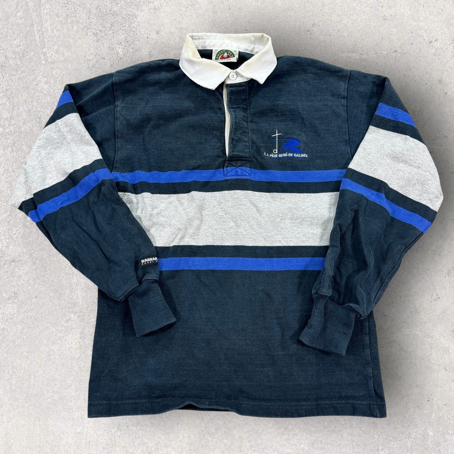 Vintage Barbarian Rugby Wear Polo Shirt Mens XS Blue White Stripe Made In Canada