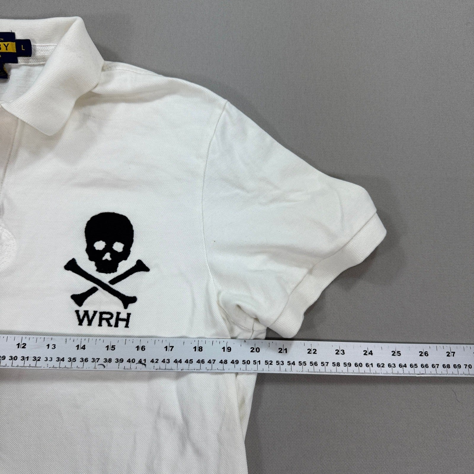 Vintage Ralph Lauren Rugby Skull & Bones Polo Shirt Mens Large White Embroidered