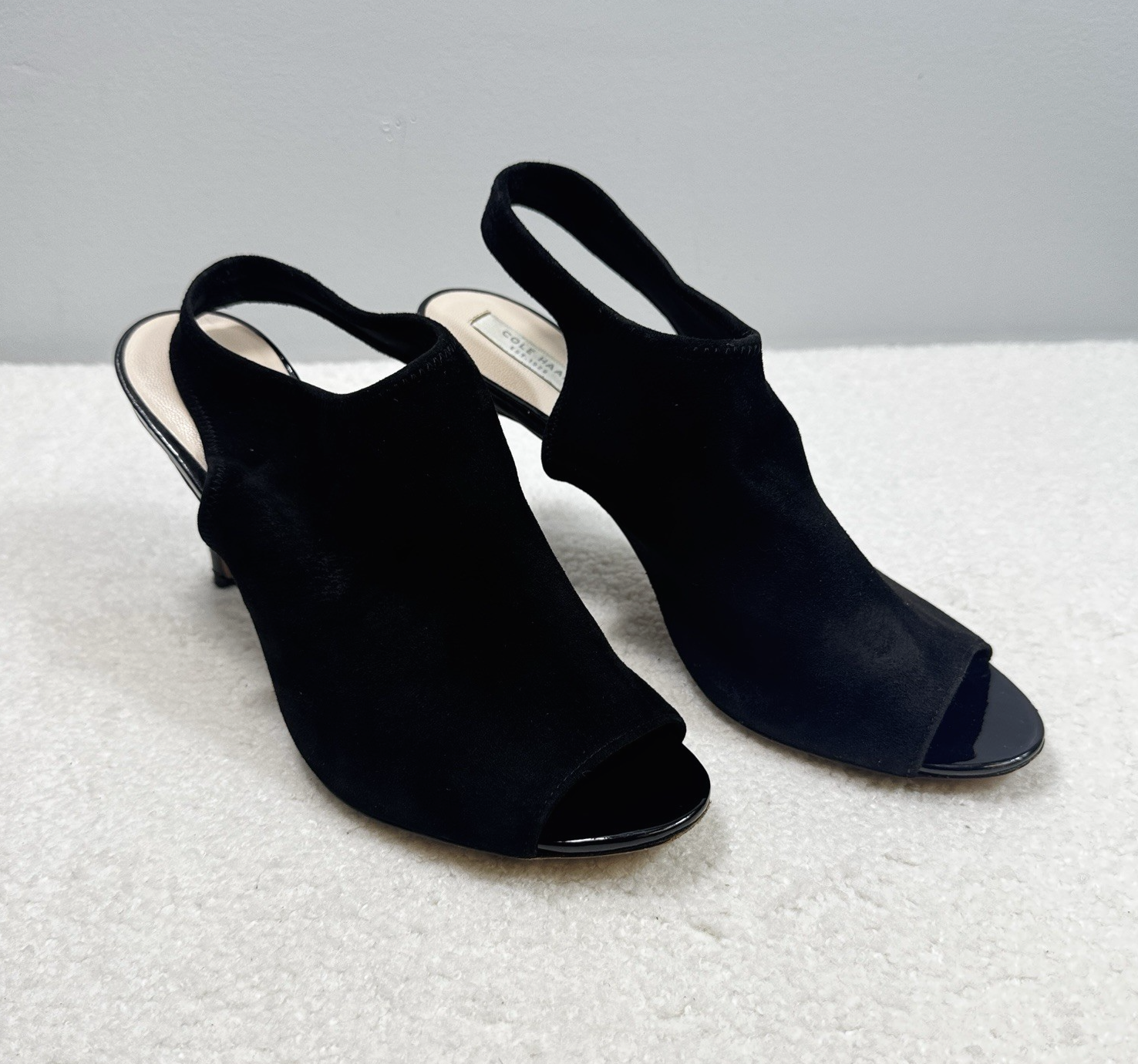 Cole Haan Nene Heels Womens Sz 7.5 Black Suede Peep Toe Sandal Shoes Sling Back