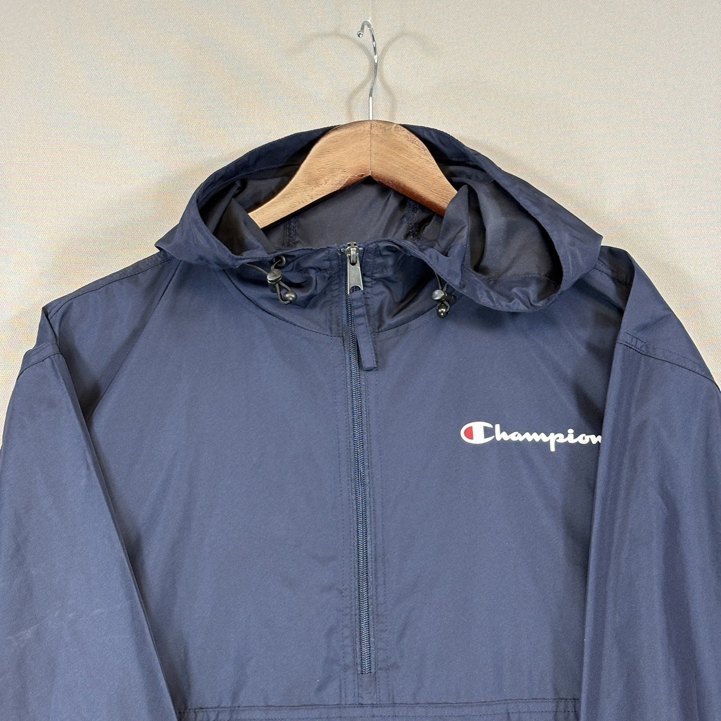 Champion mens Navy Blue Windbreaker Rain Jacket Hooded Pullover Half Zip Small
