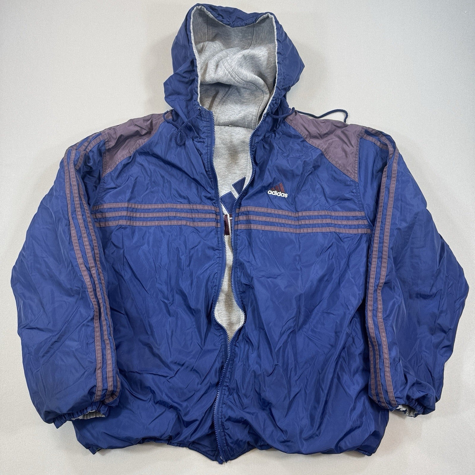 Vintage Adidas Reversible Jacket mens Large Blue Gray Insulated Full Zip Logo