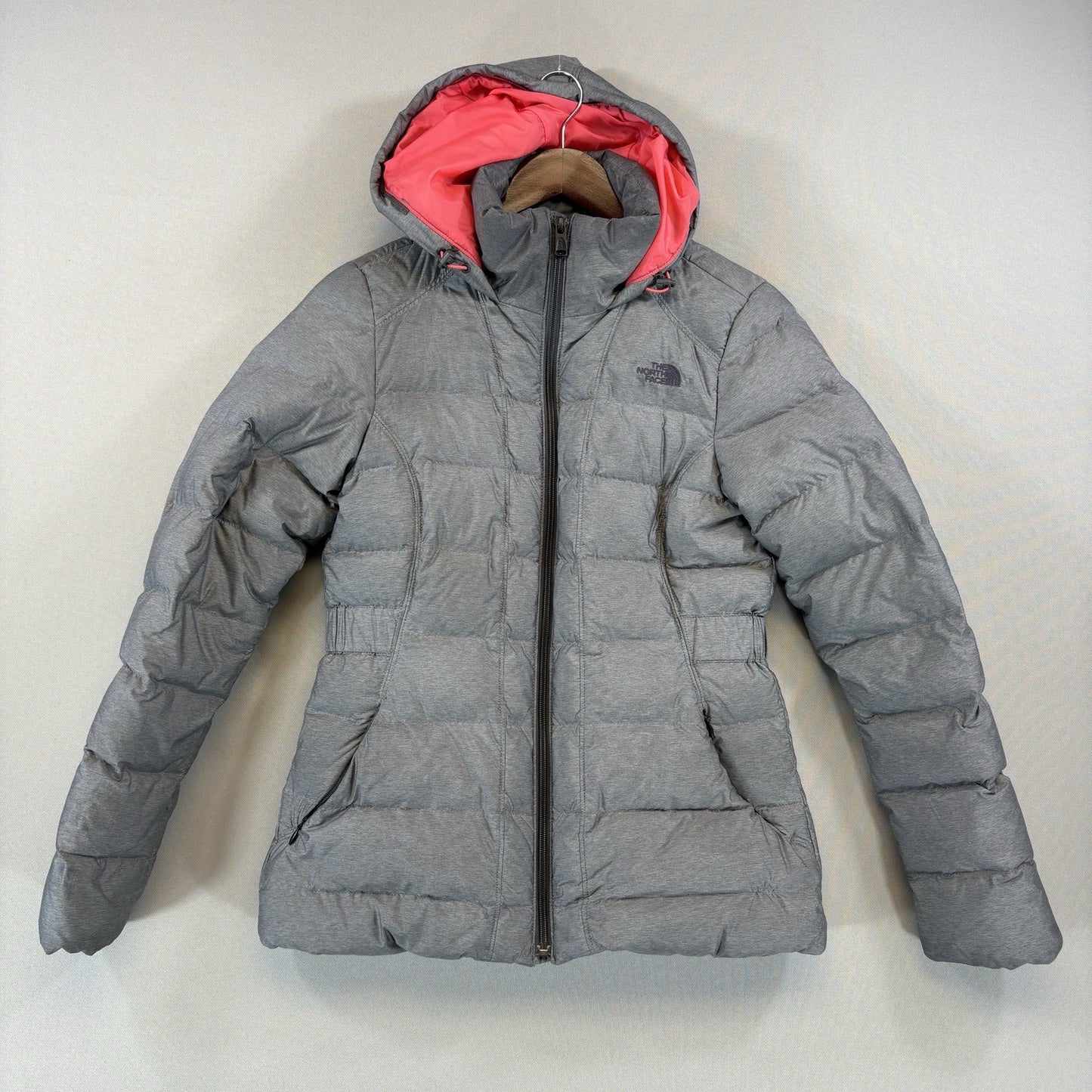 The North Face Womens Small Gray Down Puffer Jacket Hooded Zip-Up Insulated Coat