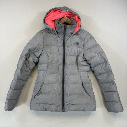The North Face Womens Small Gray Down Puffer Jacket Hooded Zip-Up Insulated Coat