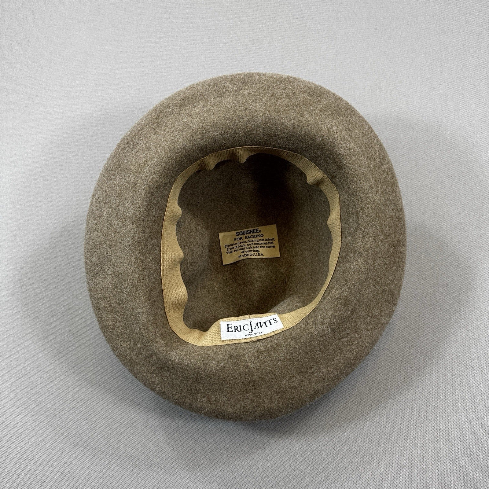 Vintage Eric Javits Squishee Felt Wool Bucket Hat Womens Light Brown Made In USA
