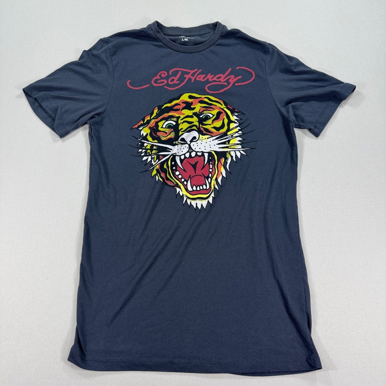 Ed Hardy Graphic T-Shirt Tiger Print Mens L/XL Black Streetwear Y2K Grunge