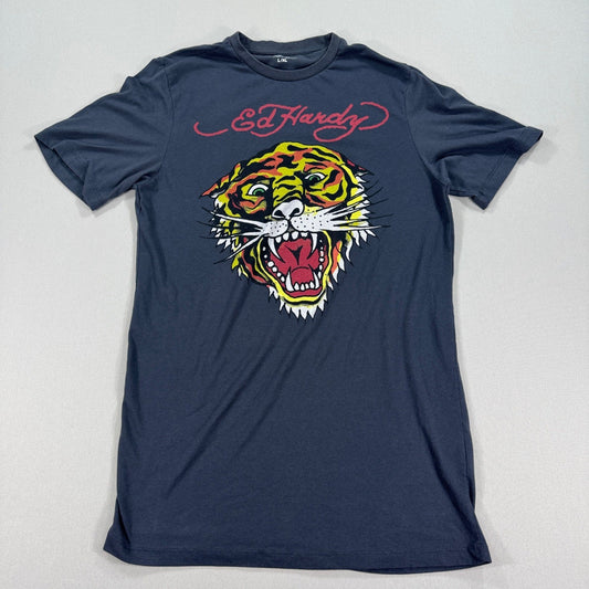 Ed Hardy Graphic T-Shirt Tiger Print Mens L/XL Black Streetwear Y2K Grunge