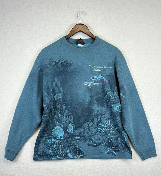 vtg 90s DOLPHIN ALL-OVER PRINT T-Shirt L hawaii nature ocean beach embroidered