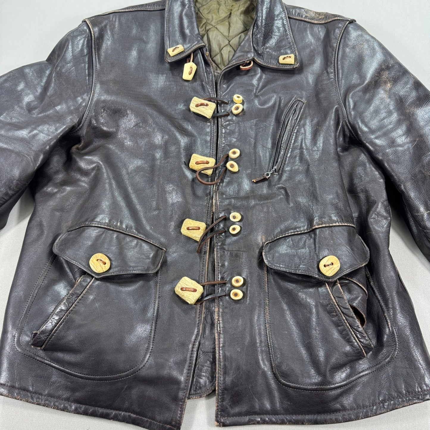 Vintage Super RARE Schott Bros Leather Coat Toggle Closure Mens Large Dark Brown