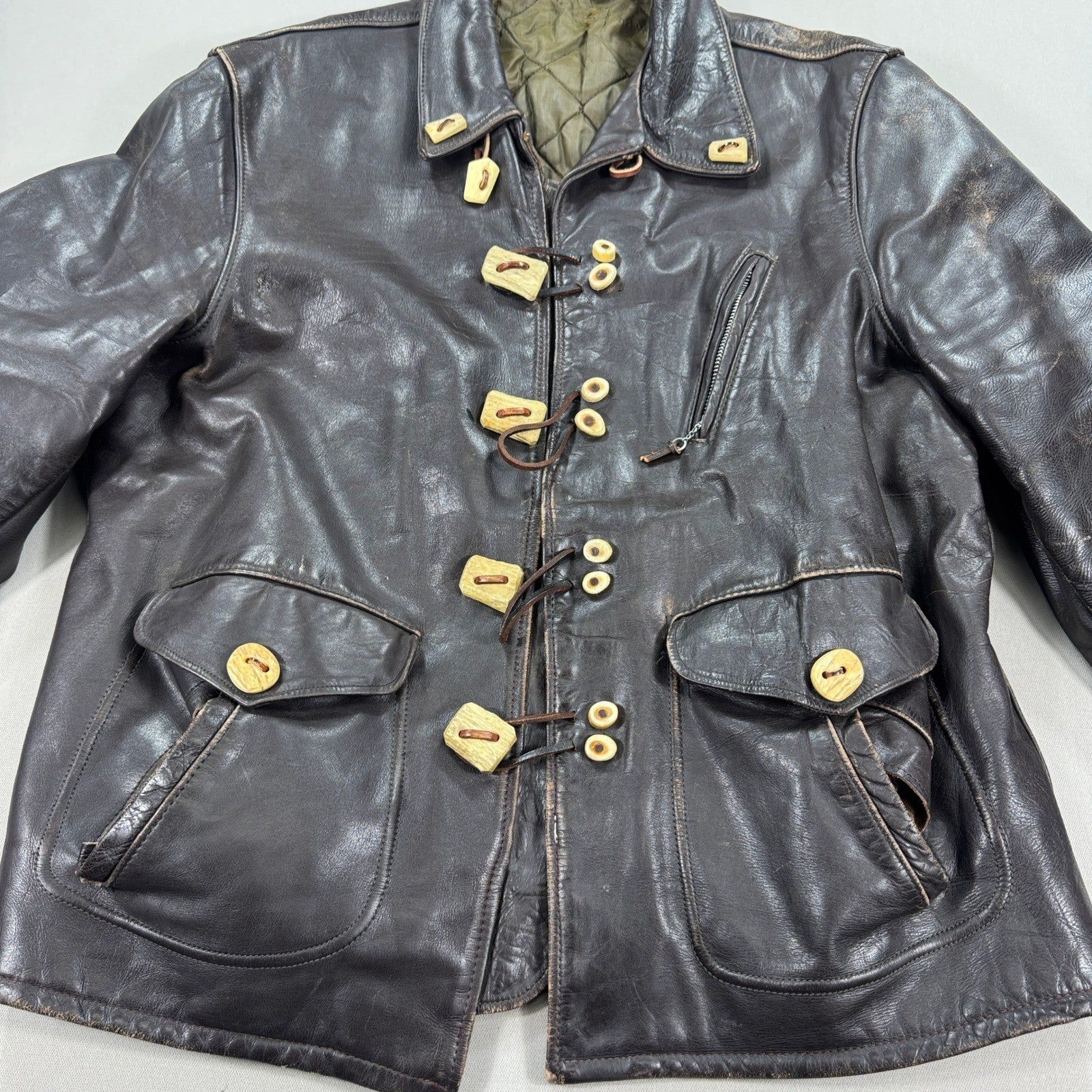 Vintage Super RARE Schott Bros Leather Coat Toggle Closure Mens Large Dark Brown