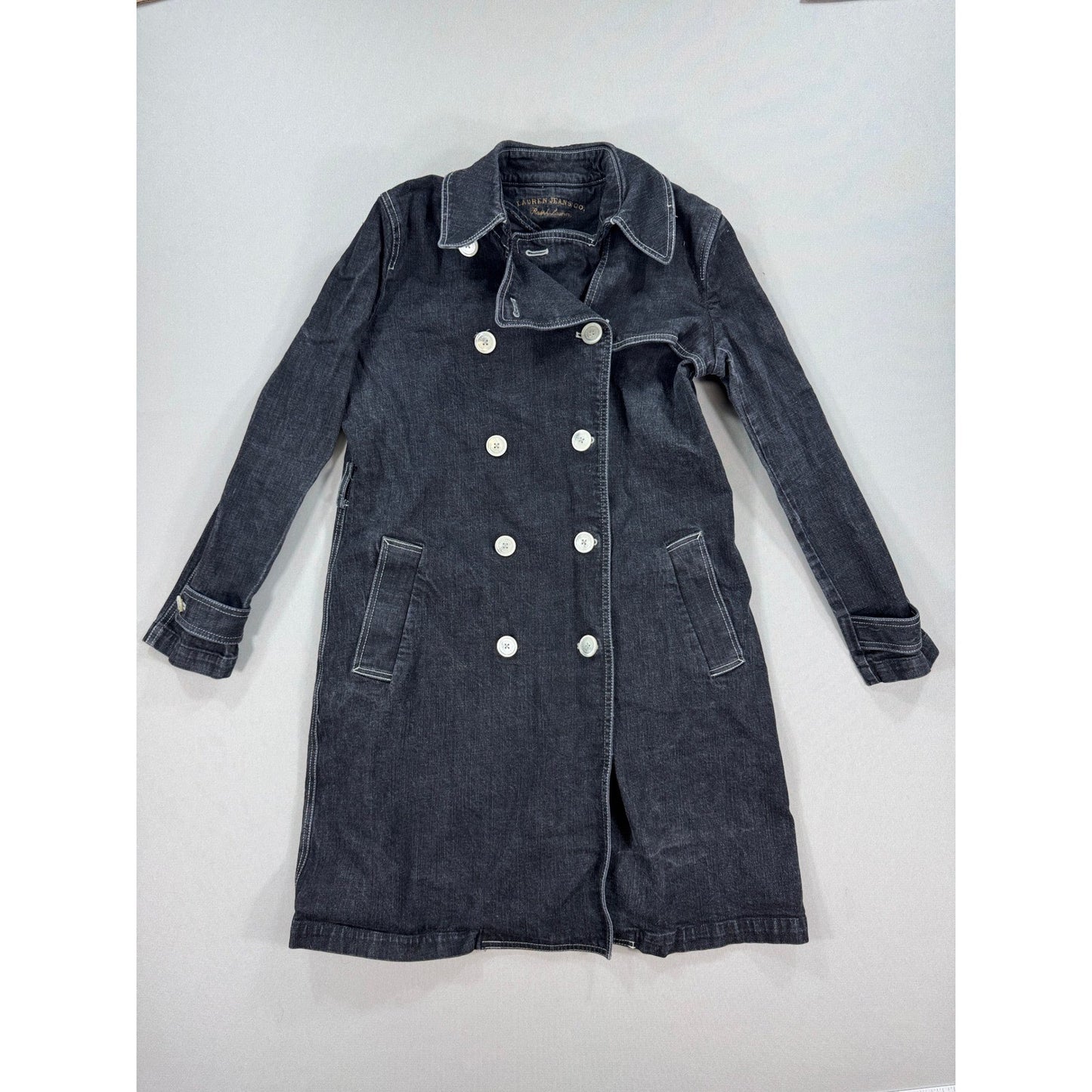 Lauren Jeans Co. Ralph Lauren Jean Trench Coat Womens Large Dark Wash Denim