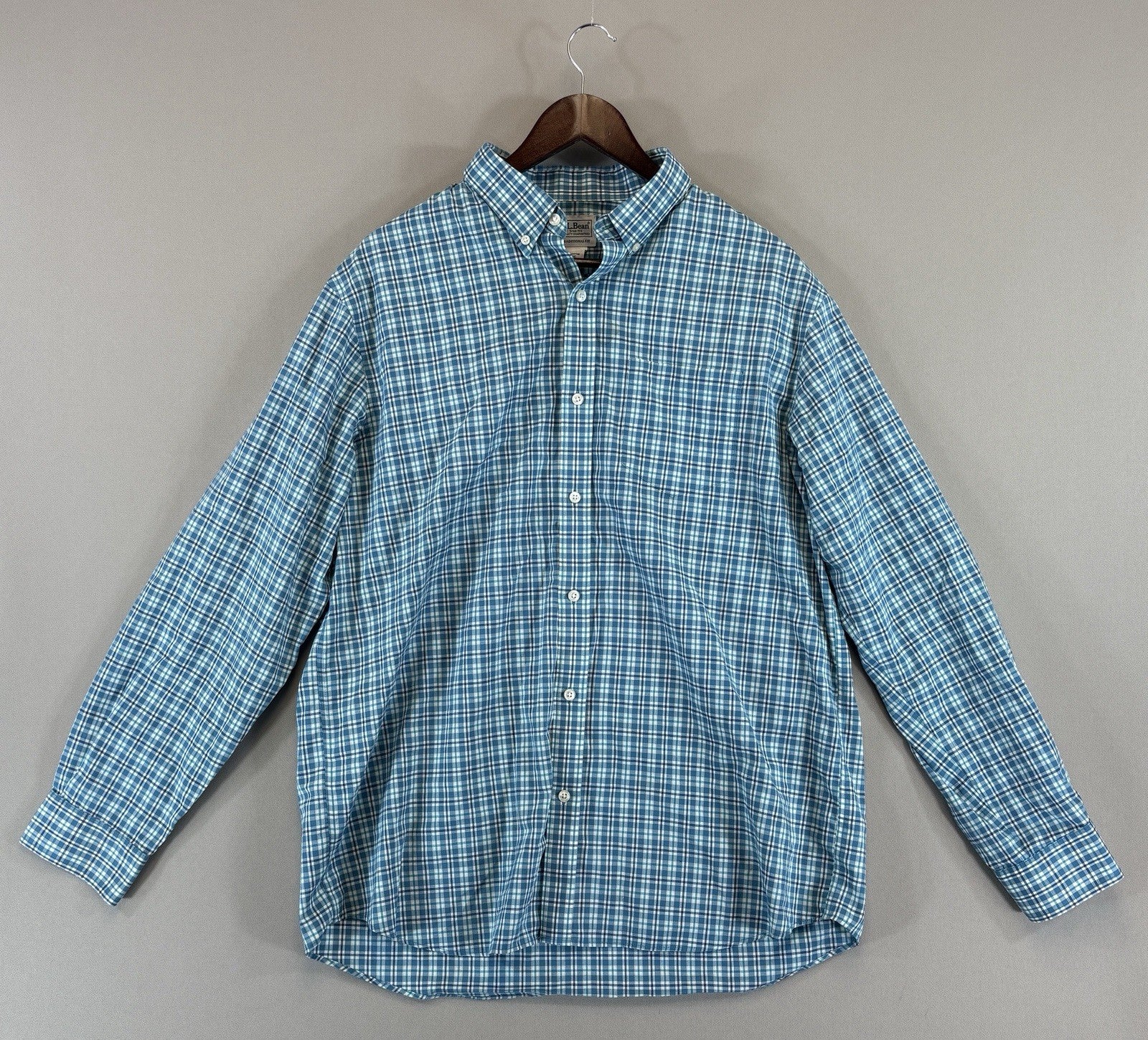 LL Bean Kennebunk Sport Shirt Mens Large Check Button Down Wrinkle Free
