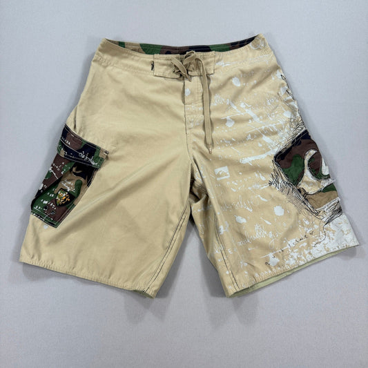 Vintage Quicksilver Board Shorts mens Size 32 Beige Camo Graphic Swim Trunks
