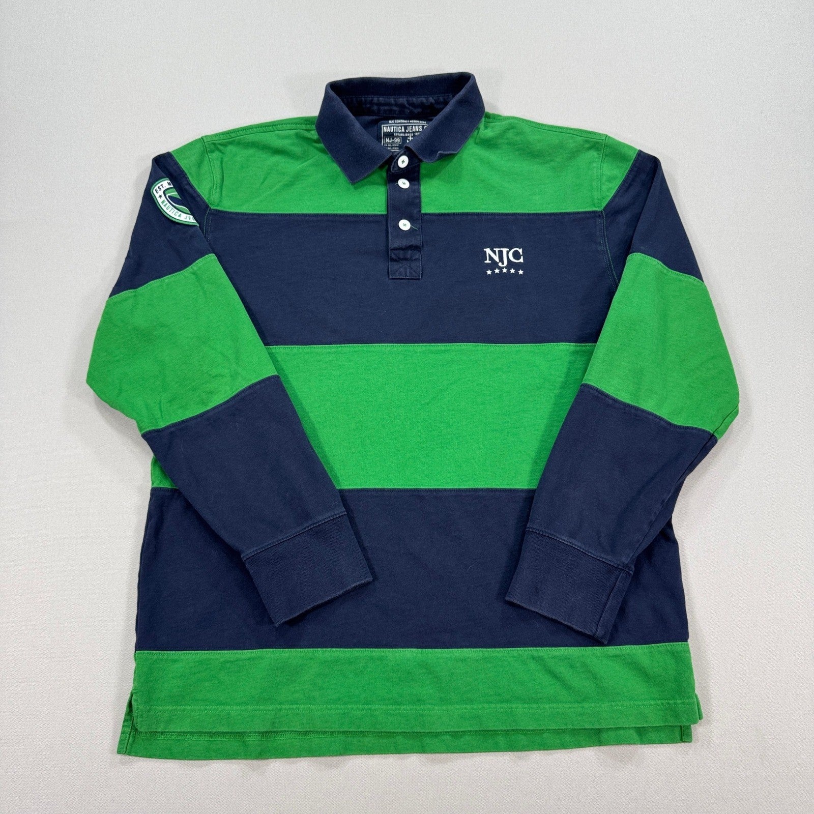 Vintage Nautica Jeans Co Rugby Polo Shirt Mens XL Green Blue Striped Long Sleeve