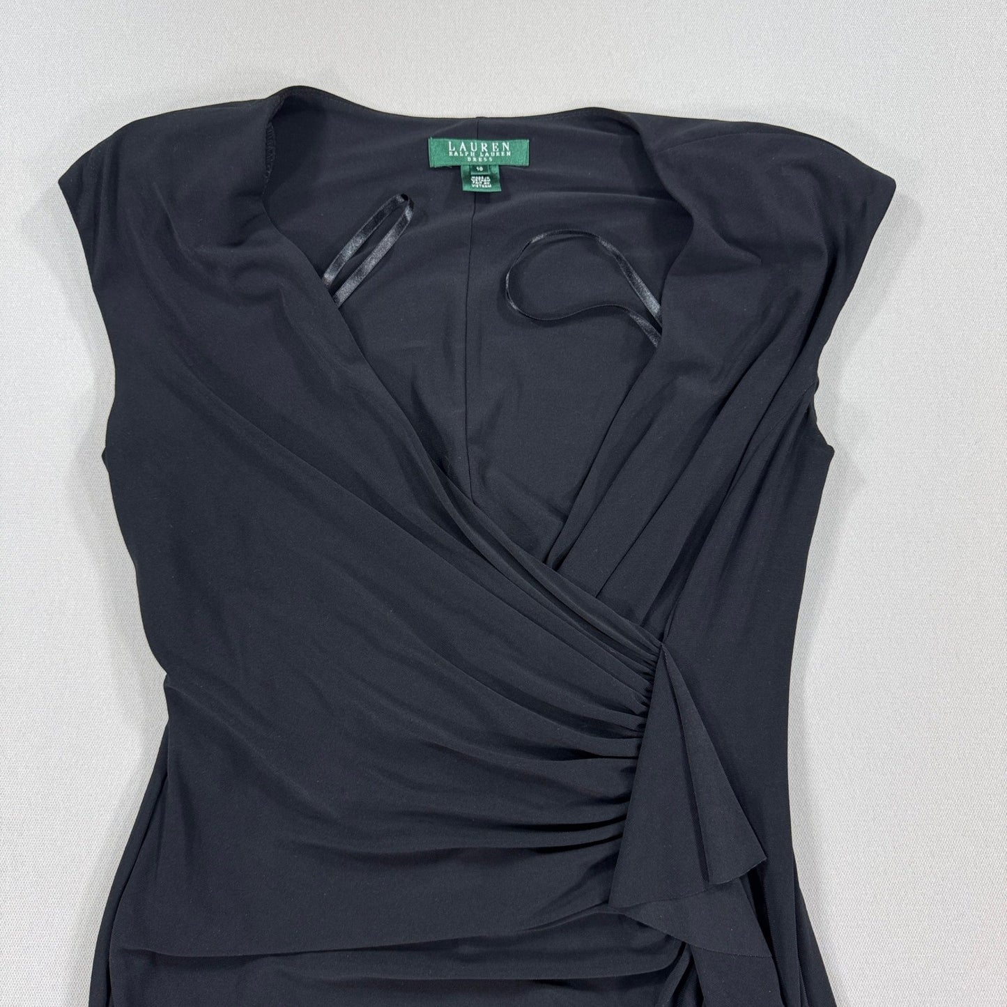 Lauren Ralph Lauren Ruched Midi Sheath Dress Black Ruffled Formal Sz 10